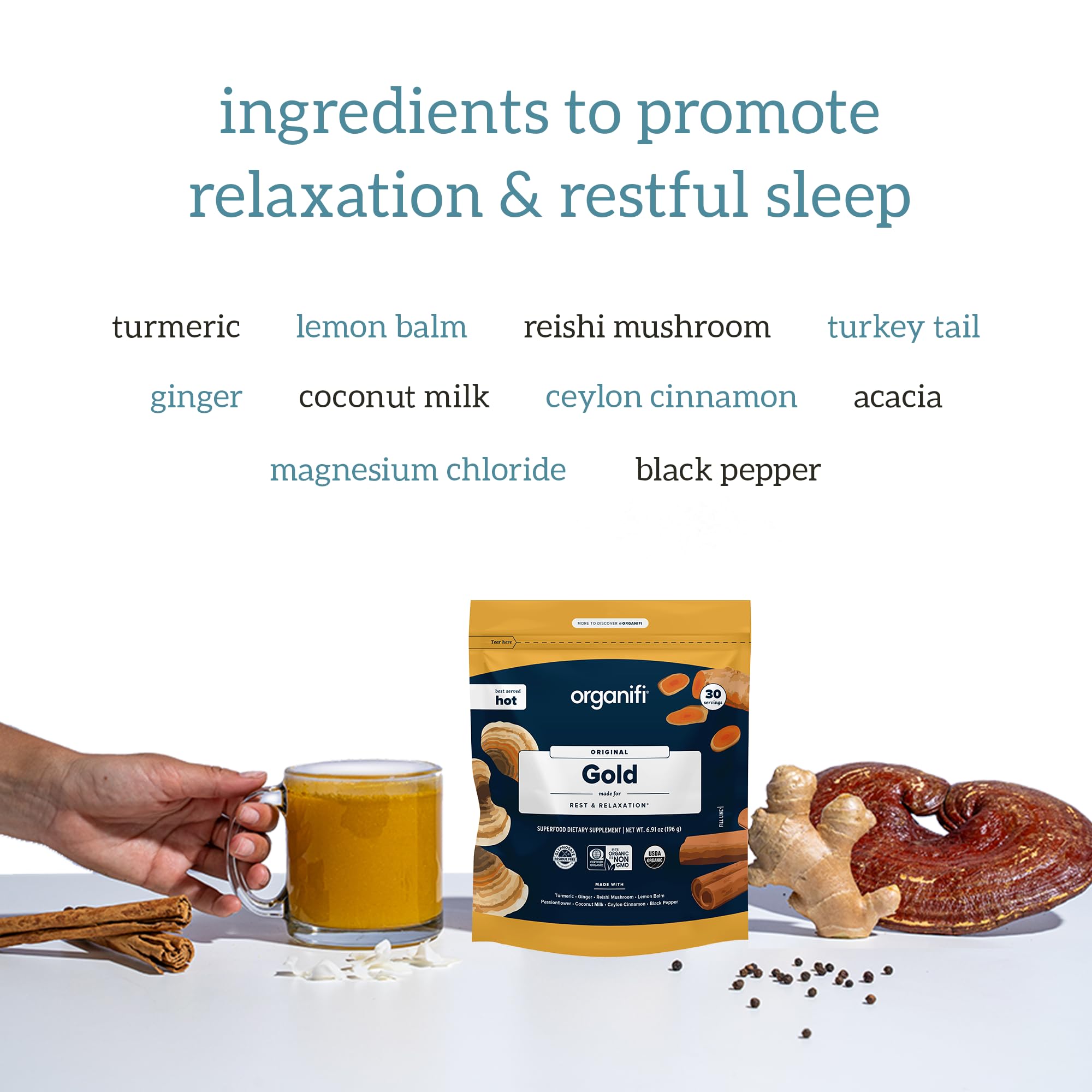 Organifi Gold ingredients close-up featuring turmeric and reishi for flavor and calm.
