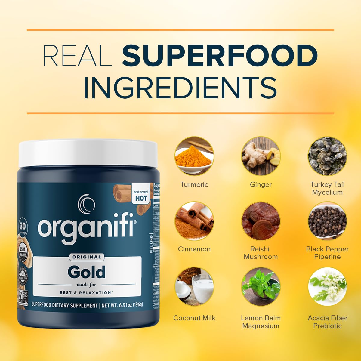 A cozy bedtime setup featuring Organifi Gold, a peaceful night option