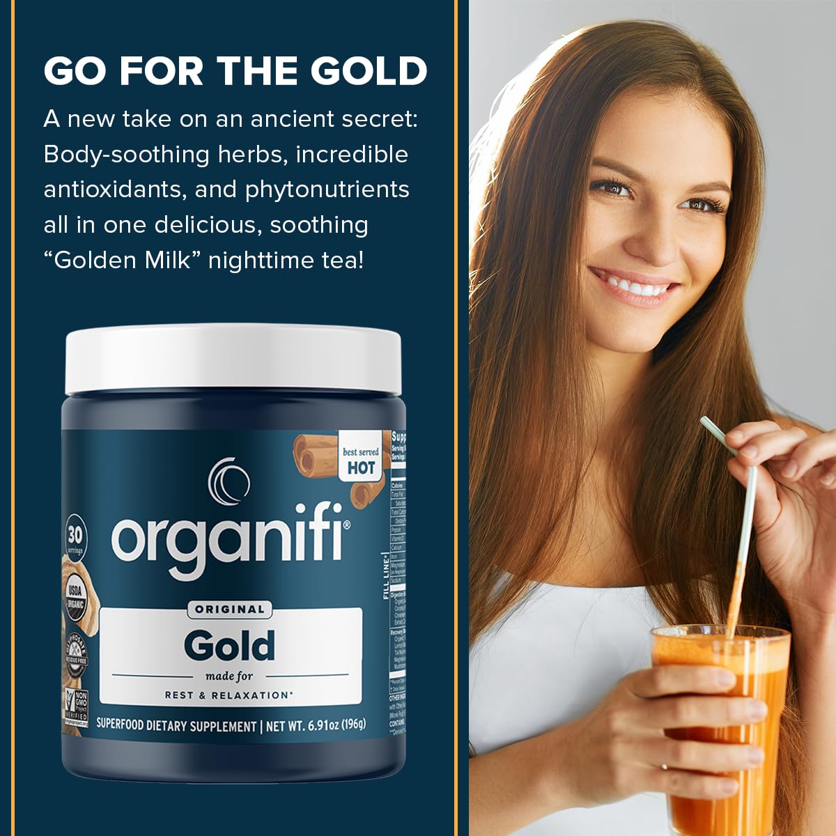 Turmeric and ginger ingredients blend showcased in Organifi Gold formula for nightly calm and digestive comfort