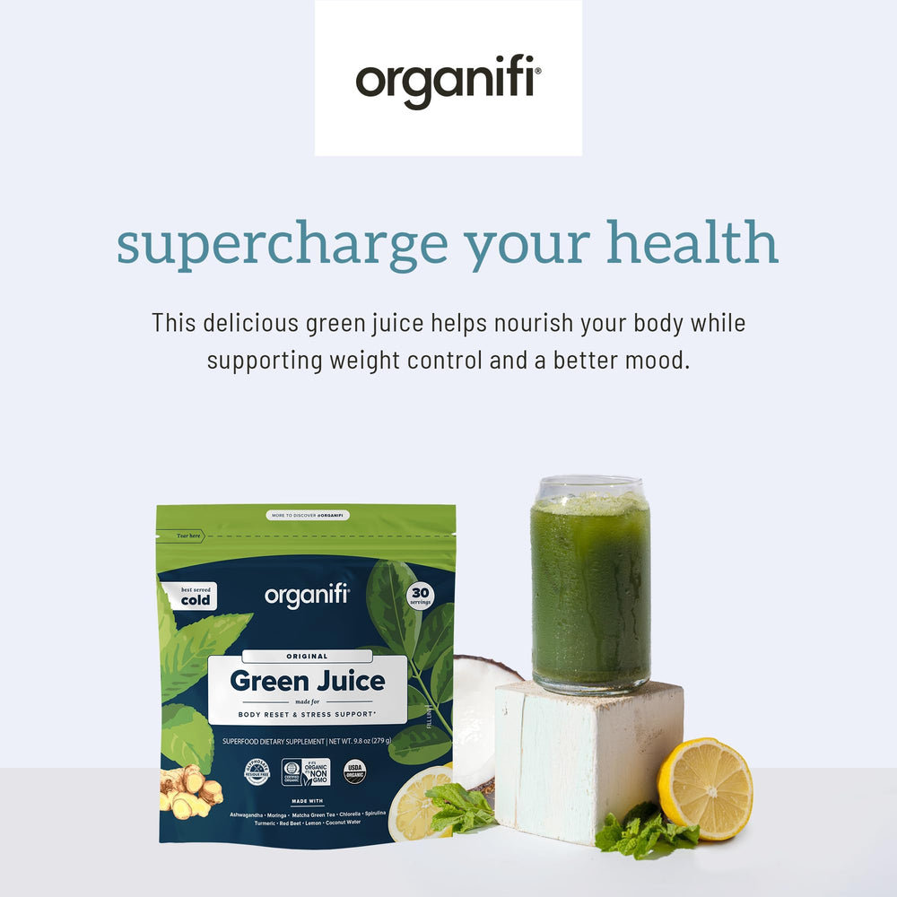 Organifi Green Juice label highlights spirulina and chlorella for daily wellness