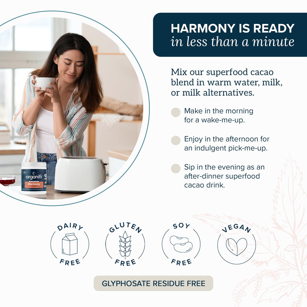 Lifestyle shot depicting a daily ritual with Organifi Harmony
