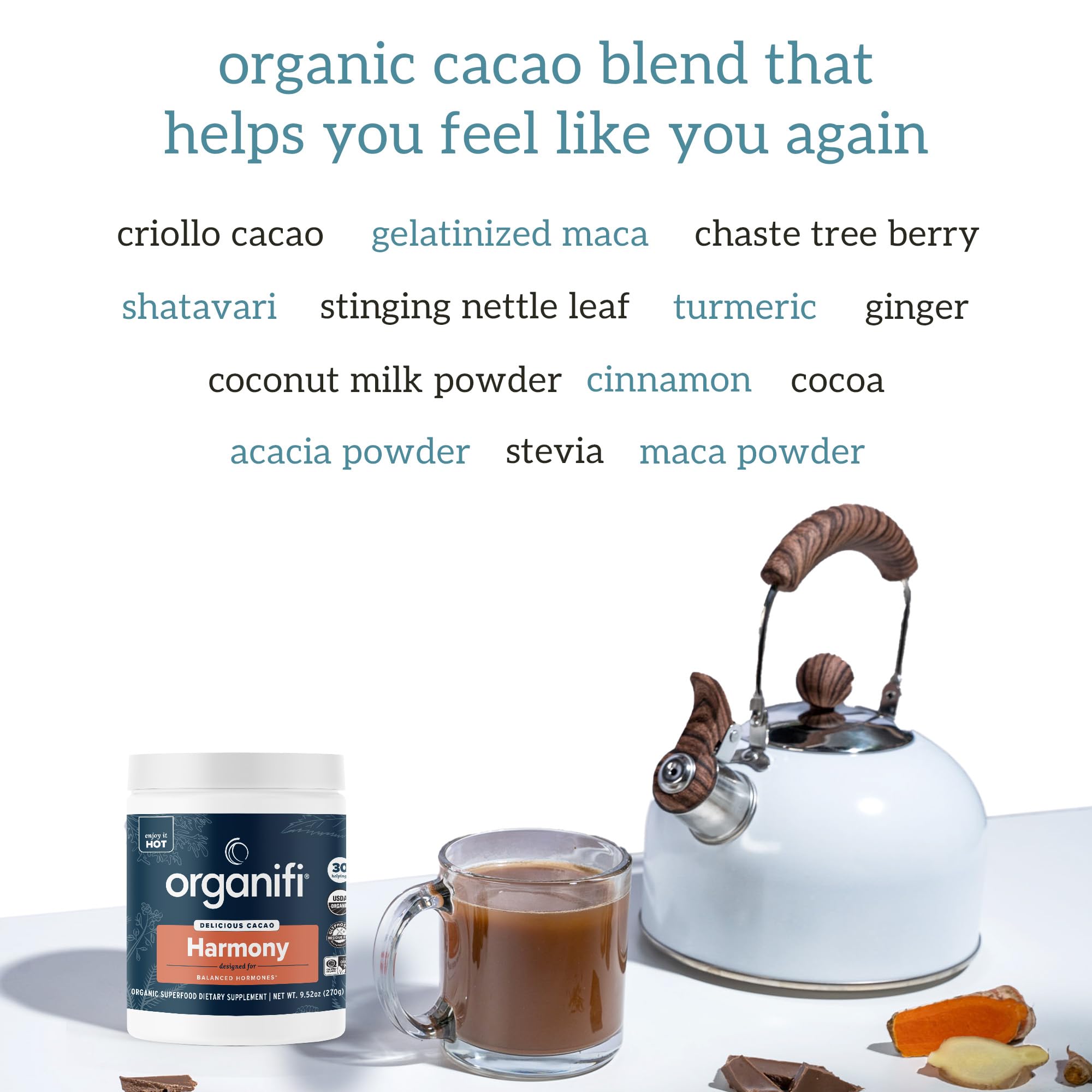 Gluten-free vegan badge on Organifi Harmony packaging