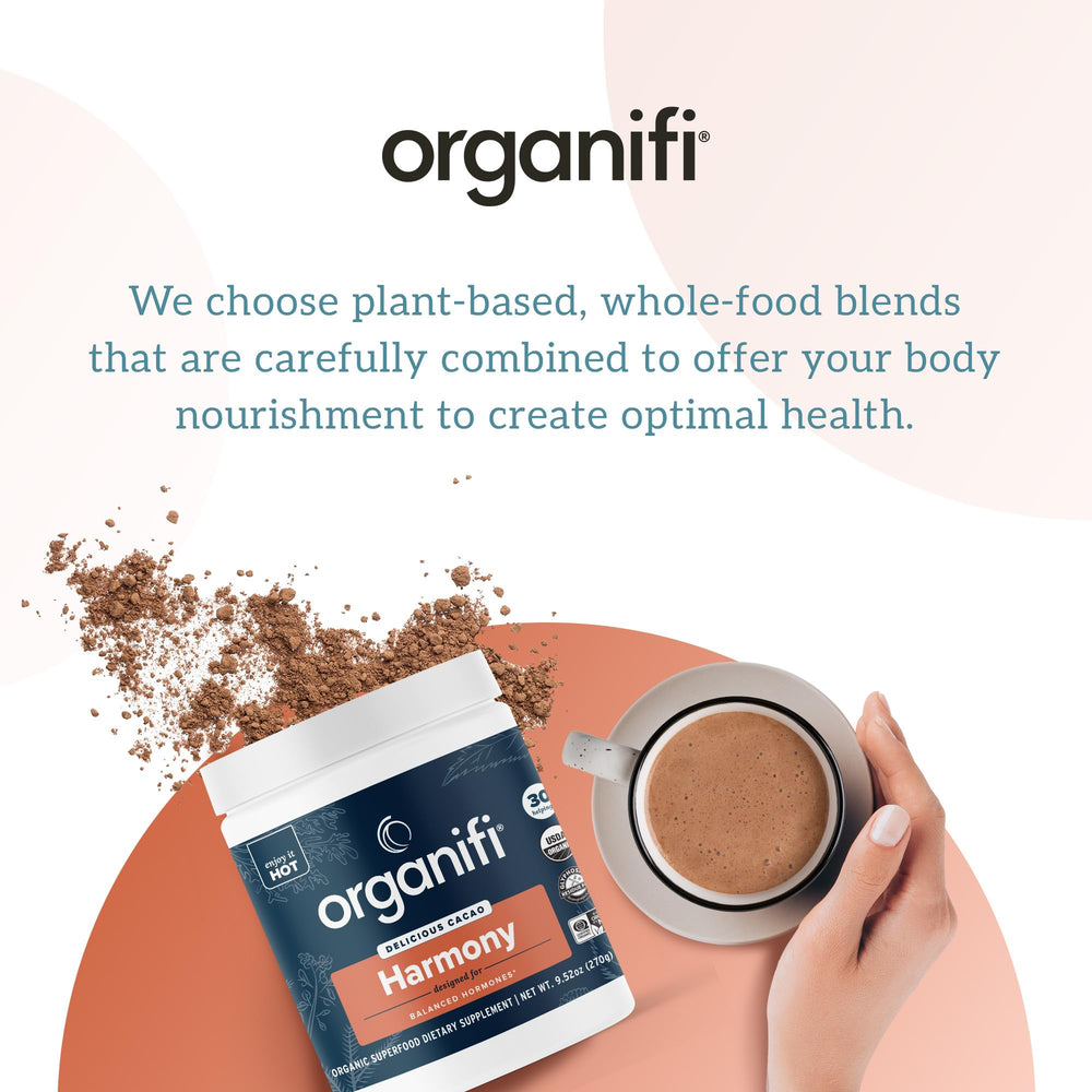 Front of Organifi Harmony packaging highlighting servings and ingredients