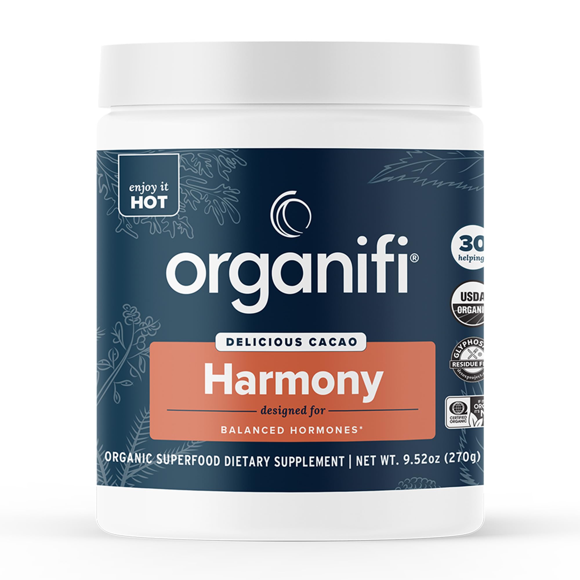 Organifi Harmony tub front showing gluten free vegan cacao blend for balanced energy