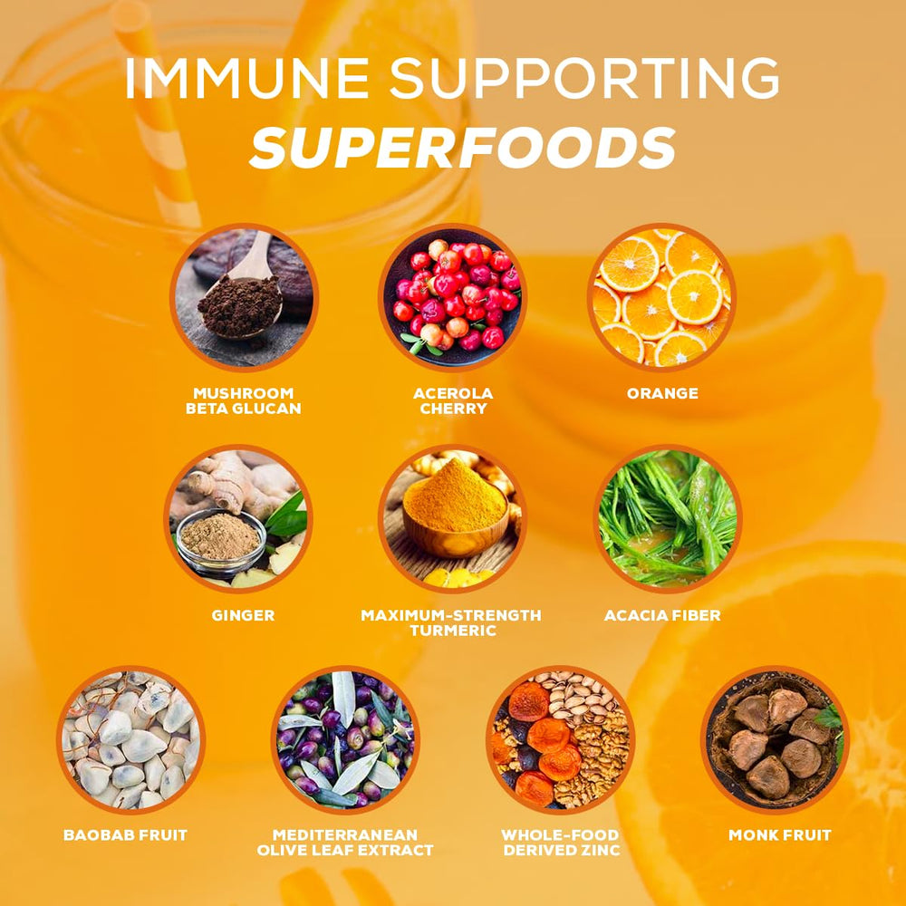Organifi Immunity ingredient blend close-up highlighting beta glucans and vitamins.