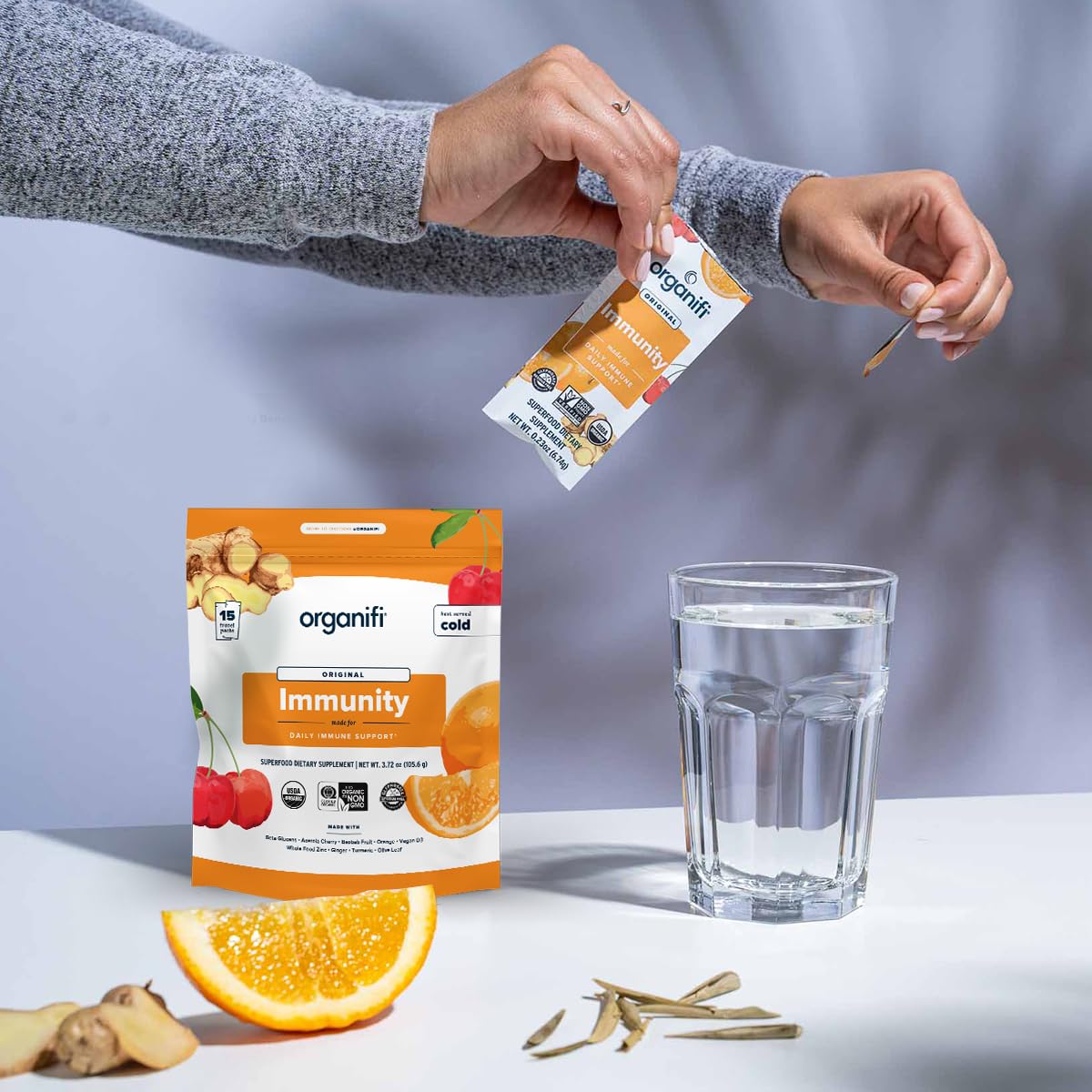 Organifi Immunity ingredients panel displaying zinc, vitamin C, D and mushroom beta glucans.