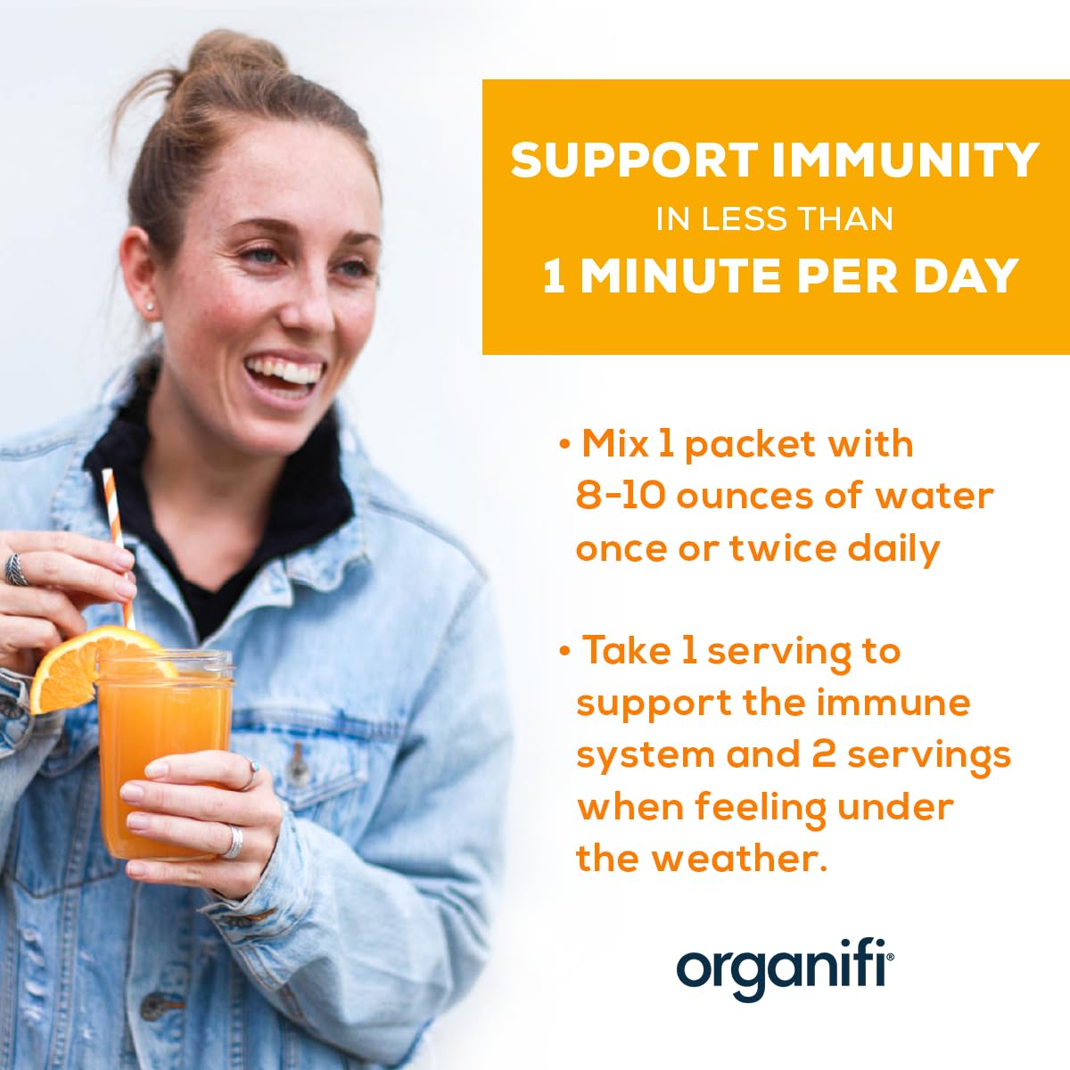 Organifi Immunity packet close-up signaling double-strength beta glucans for immune support.