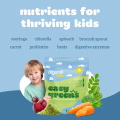 Organifi Kids Easy Greens vegetable blend with carrot, spinach, and beet.