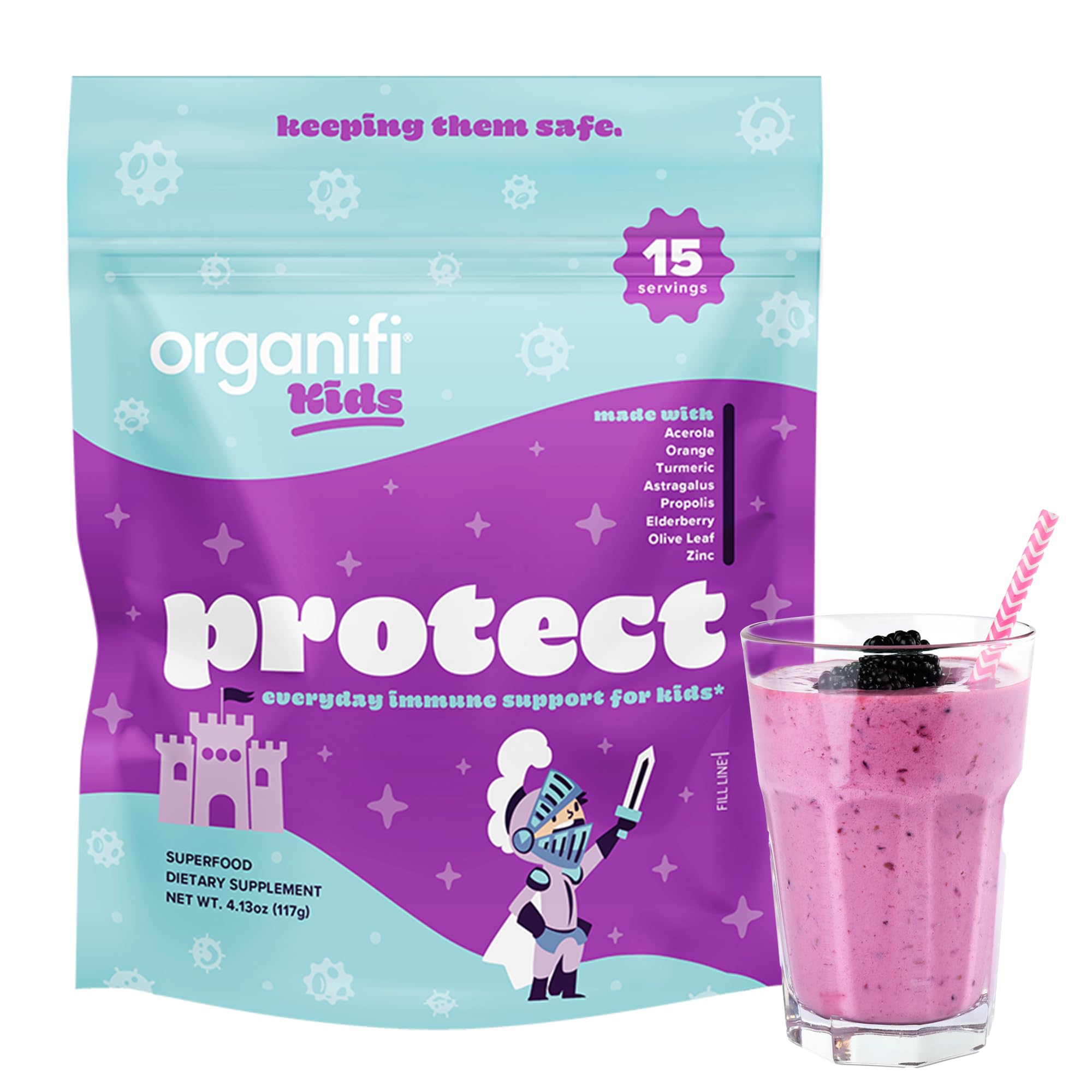 Organifi Kids Protect bottle front shows berry flavor and kid-friendly immune support.