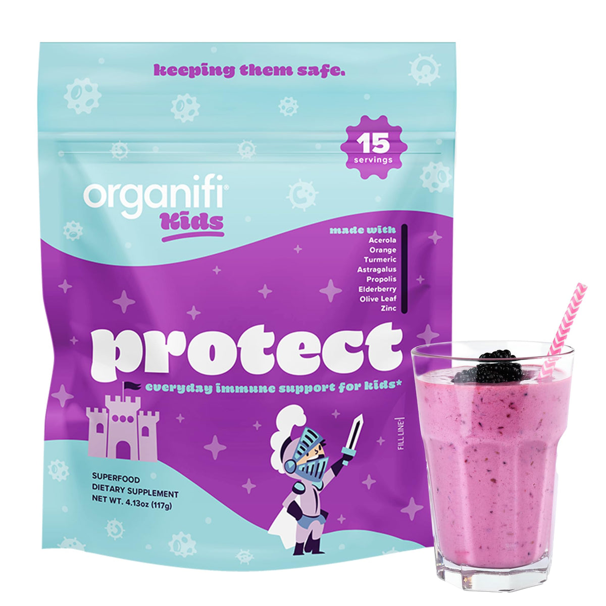 Organifi Kids Protect bottle front shows berry flavor and kid-friendly immune support.