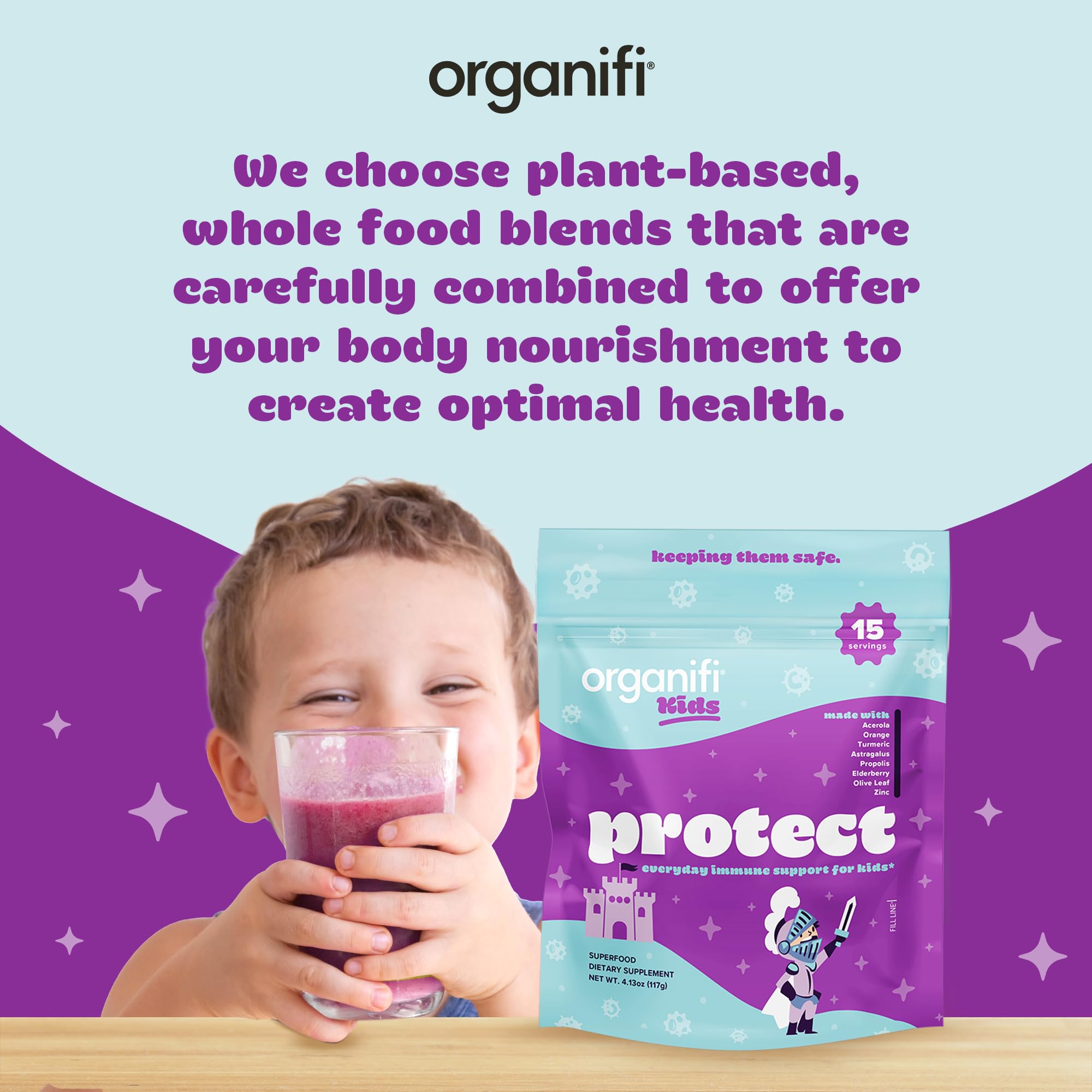 Organifi Kids Protect kid-friendly serving glass with berry mix.