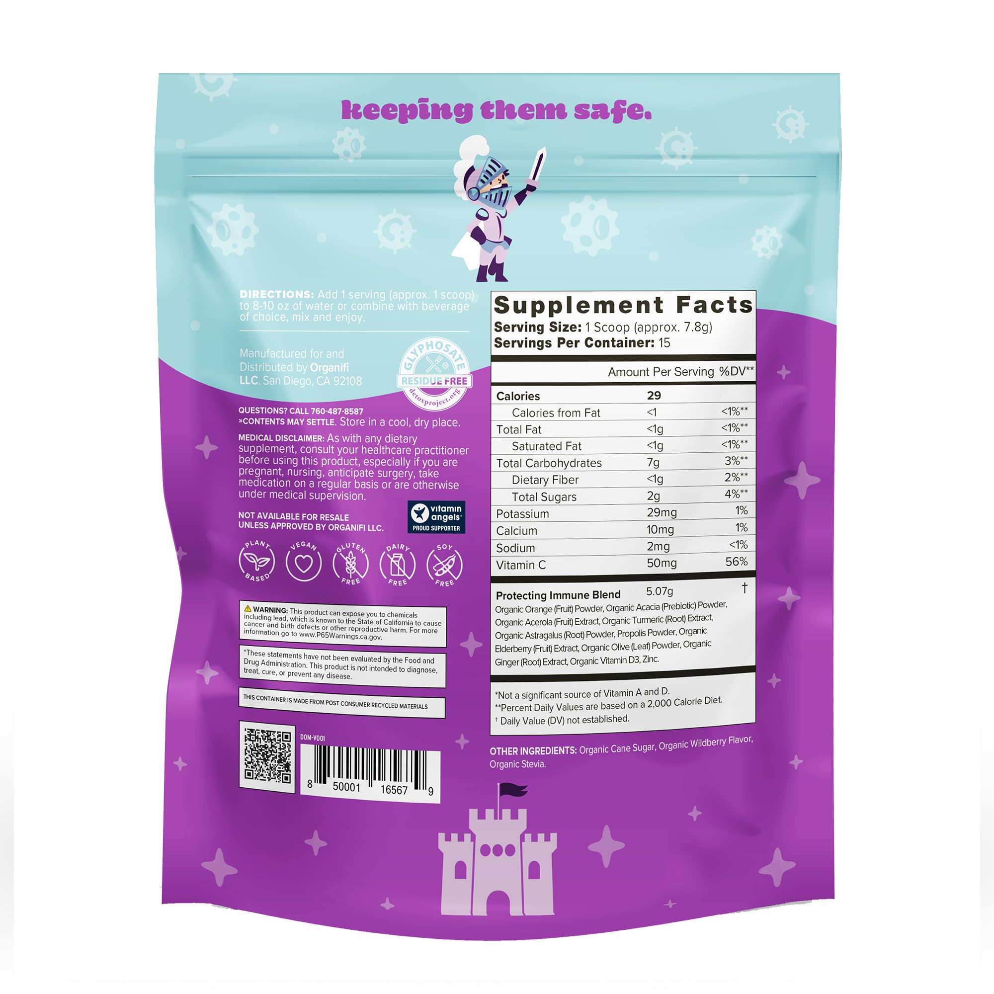 Organifi Kids Protect tub label highlights organic berry immunity blend for kids.