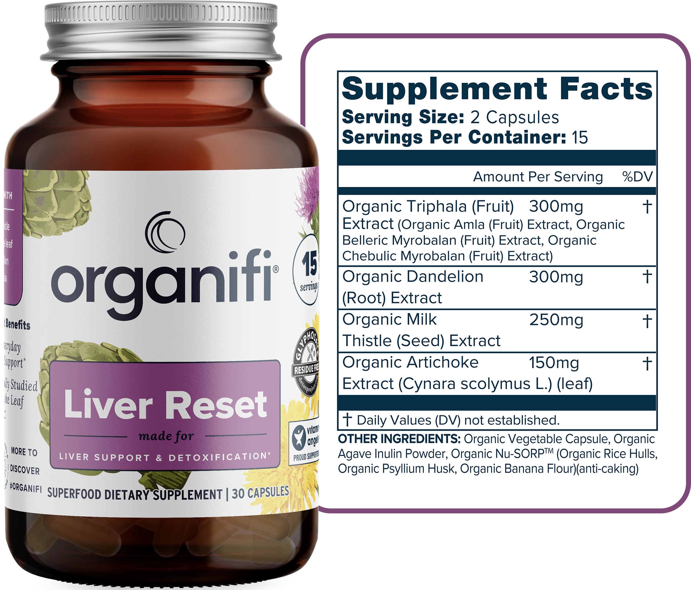 Organifi Liver Reset bottle back view showing ingredients and usage guidance.