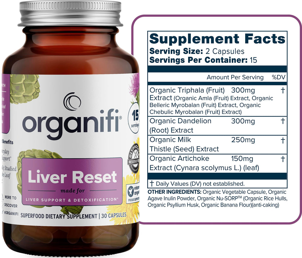 Organifi Liver Reset bottle back view showing ingredients and usage guidance.