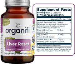 Organifi Liver Reset bottle back view showing ingredients and usage guidance.