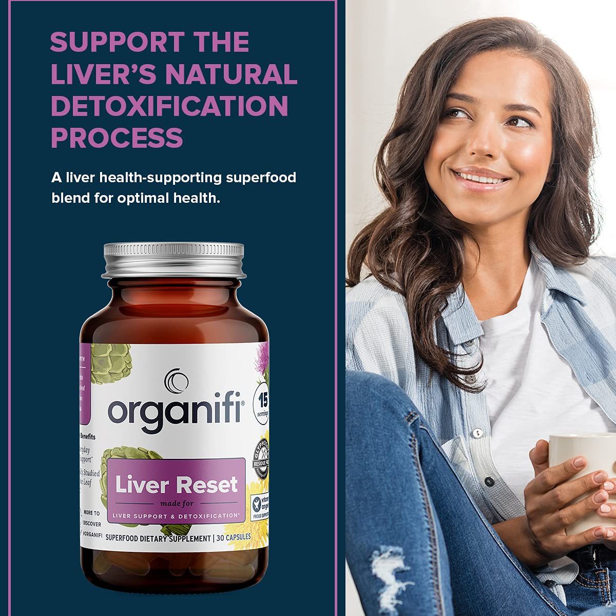 Organifi Liver Reset capsules close-up highlighting easy daily dose.
