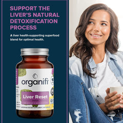 Organifi Liver Reset capsules close-up highlighting easy daily dose.