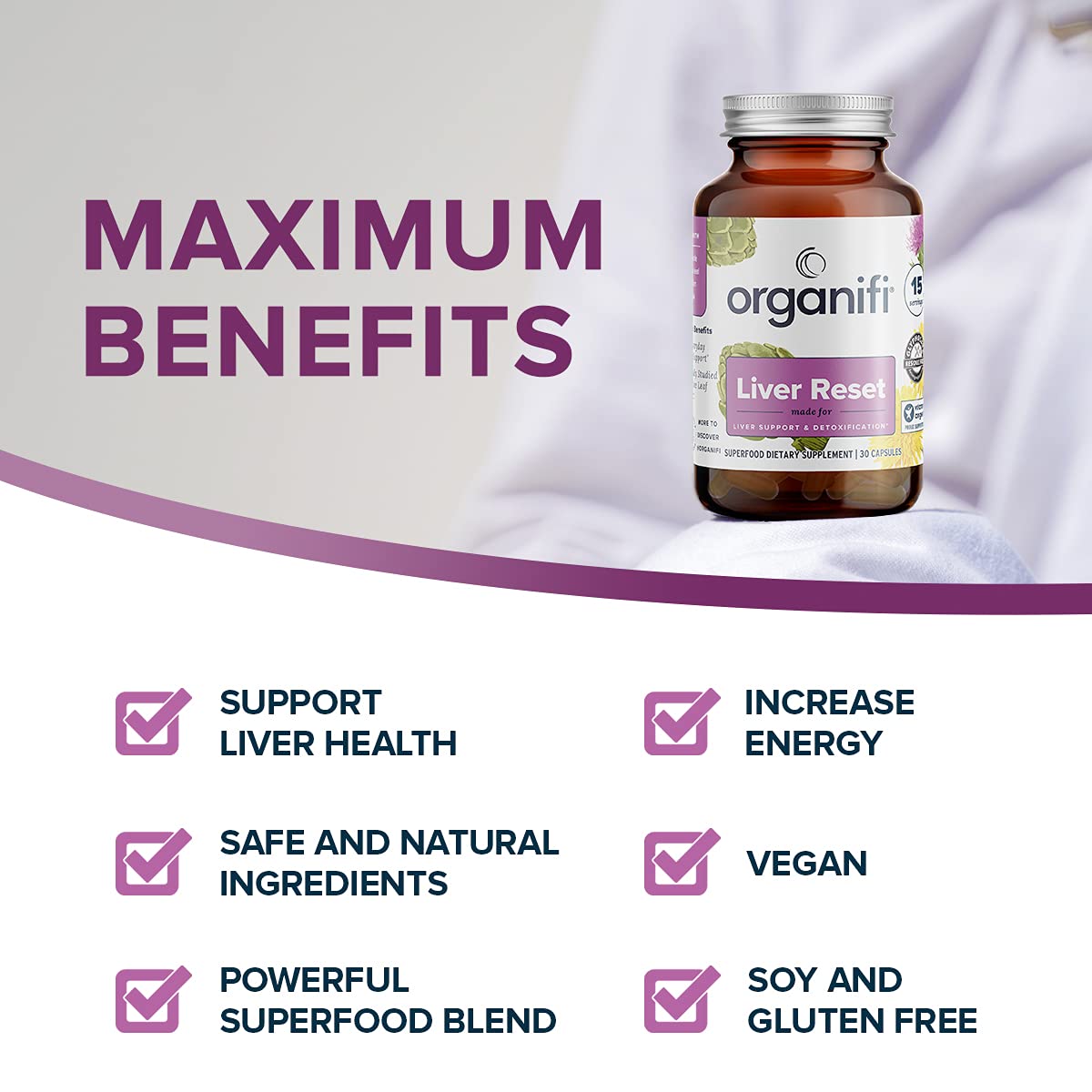 Organifi Liver Reset ingredients blend emphasizes botanicals for liver support.