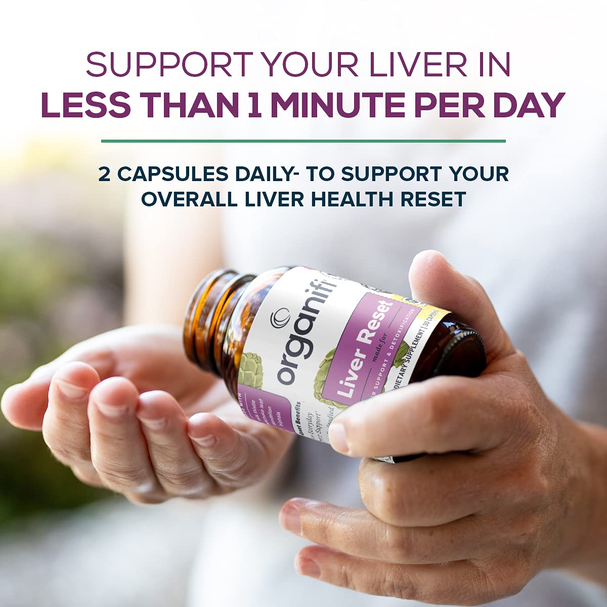 Organifi Liver Reset packaging highlights brand quality and mission.