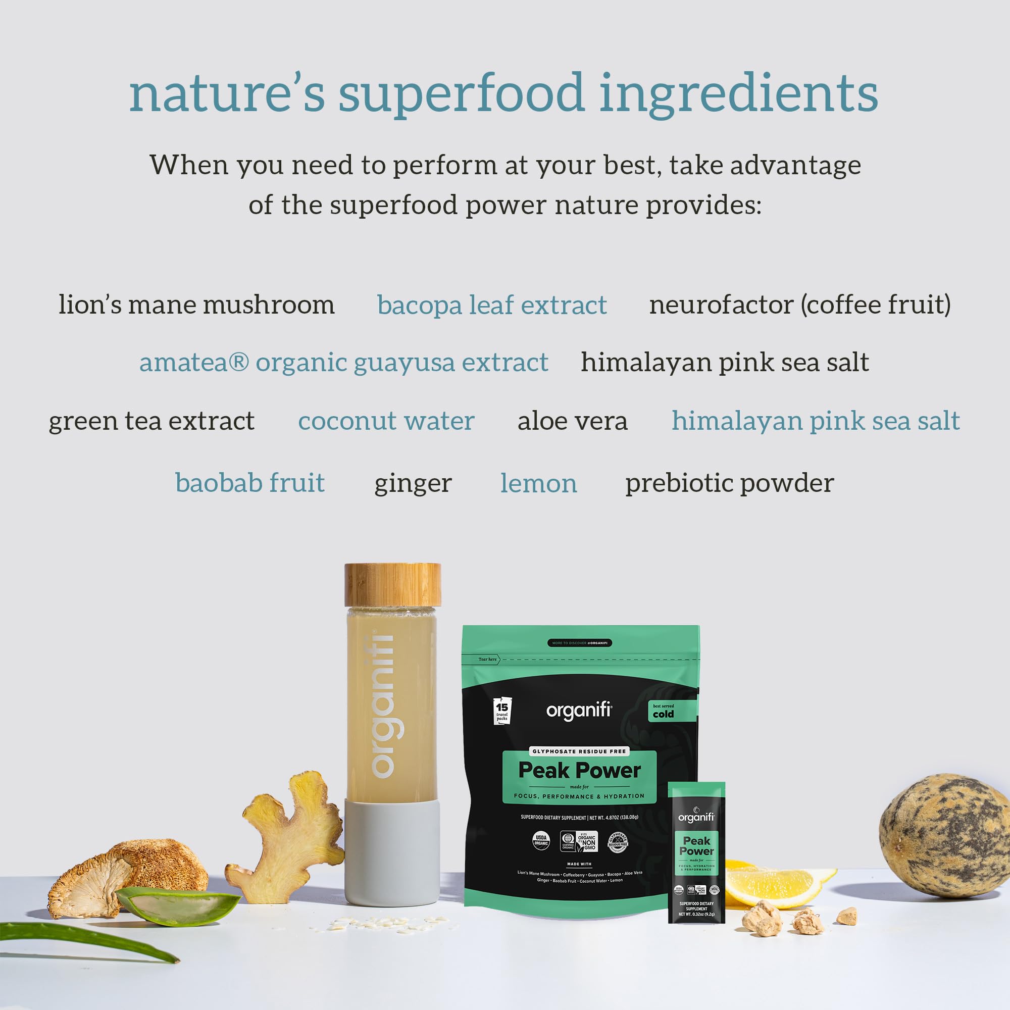 Organifi Peak Power ingredients featuring Lion's Mane and Guayusa for natural energy