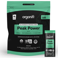 Organifi Peak Power jar closeup showing hydration and focus