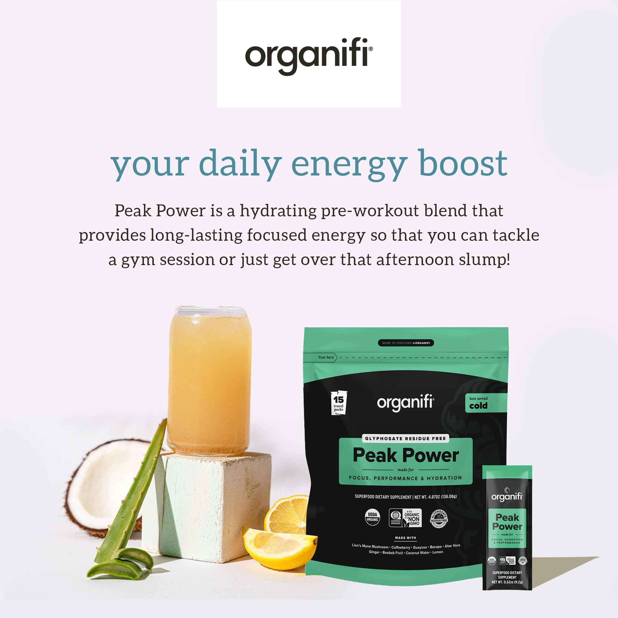 Organifi Peak Power scoop for a measured pre-workout serving