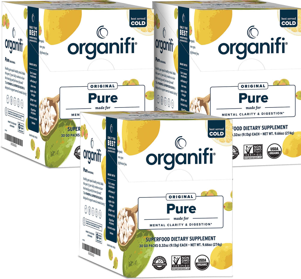 Organifi Pure Smart Packs Lemon front view showing convenient sachets for daily focus.