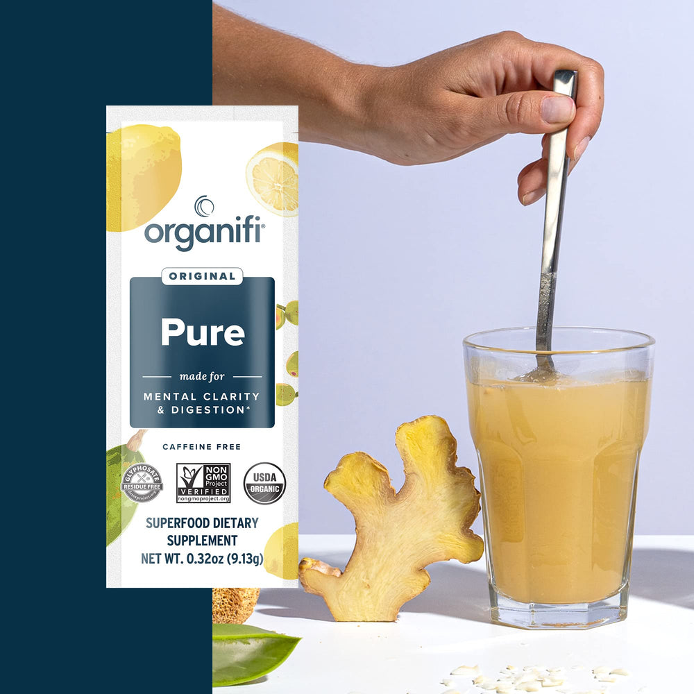 Organifi Pure Smart Packs Lemon ingredient panel highlighting antioxidants and herbs.