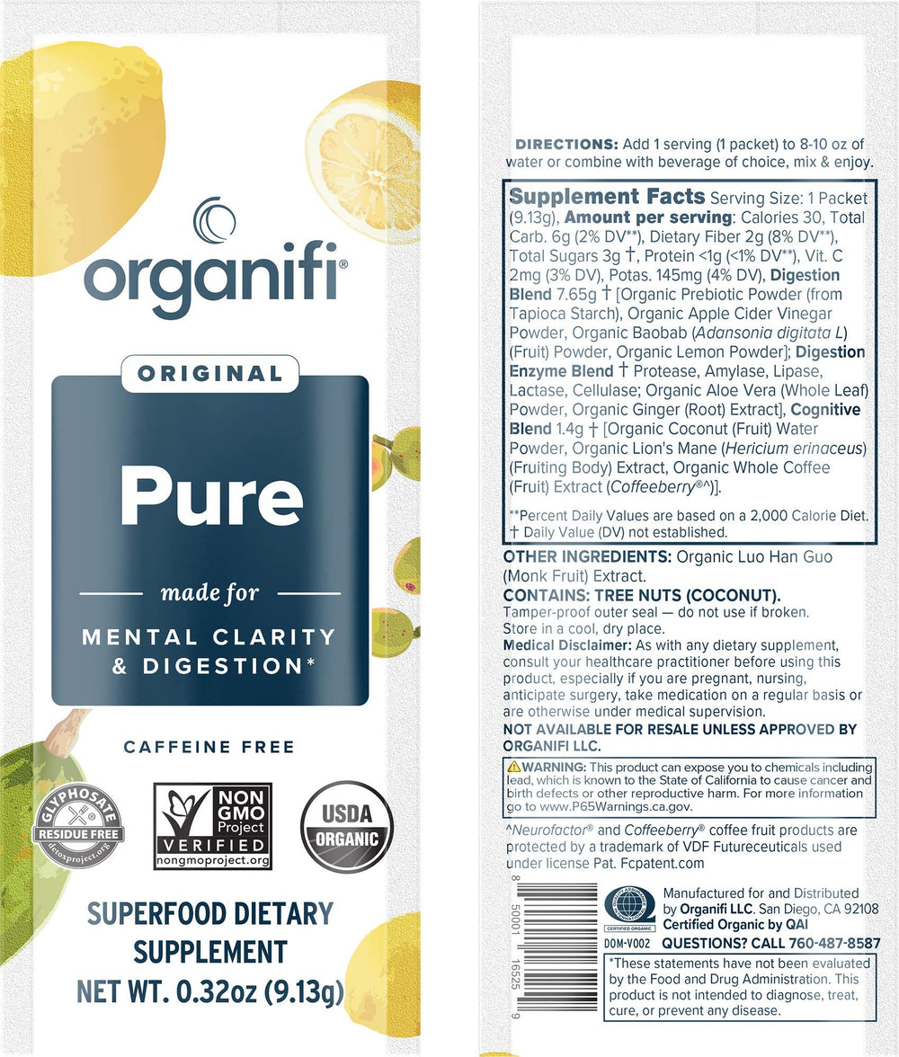 Organifi Pure Smart Packs Lemon sachets pack ready for on-the-go daily energy.