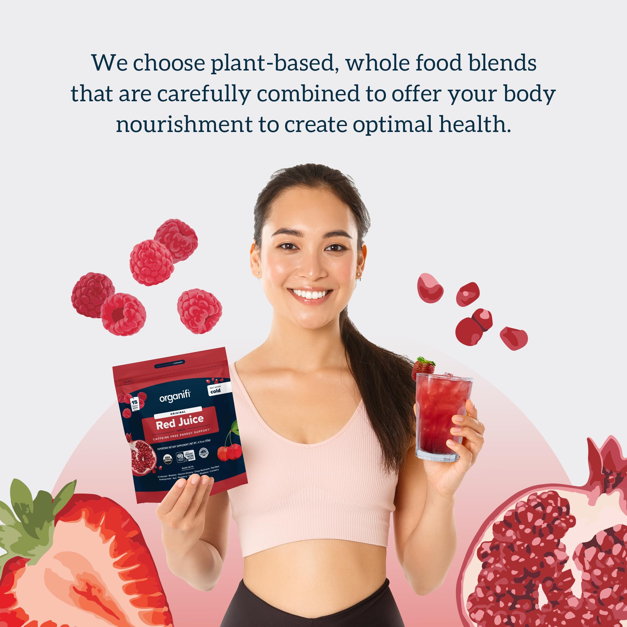 Organifi Red Juice showing immune and digestive benefits with lemon and mushrooms