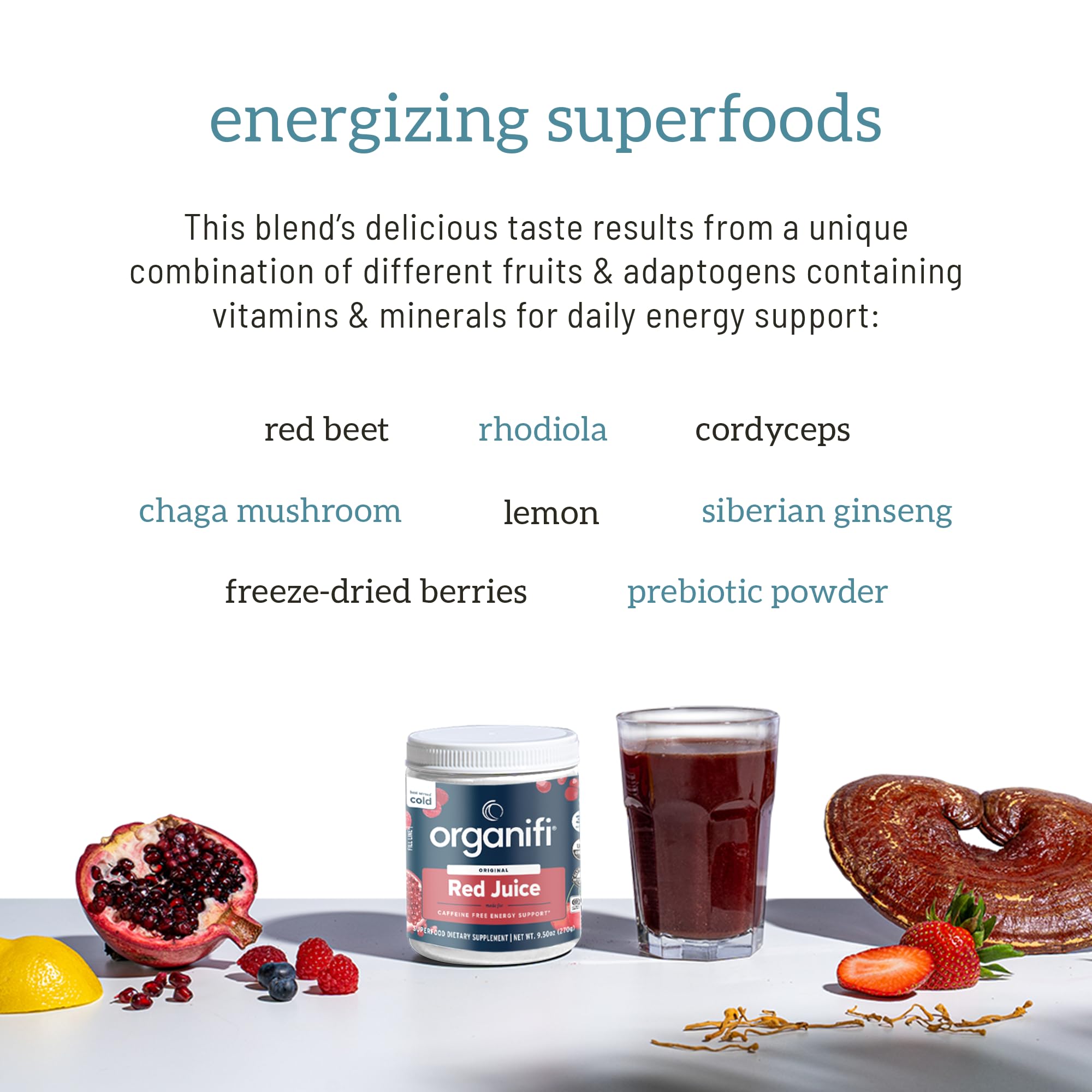 Close‑up on rhodiola and chaga in Organifi Red Juice highlighting adaptogens