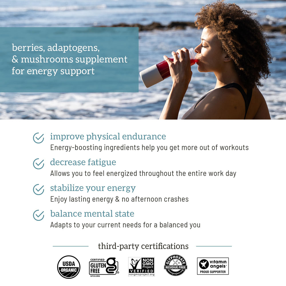 Organifi Red Juice closeup with mushrooms and lemon signaling immune and digestive support