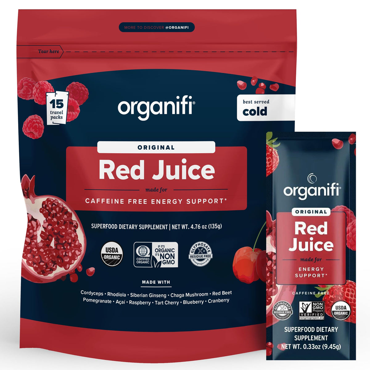 Organifi Red Juice powder scoop poured into a glass for smooth energy boost