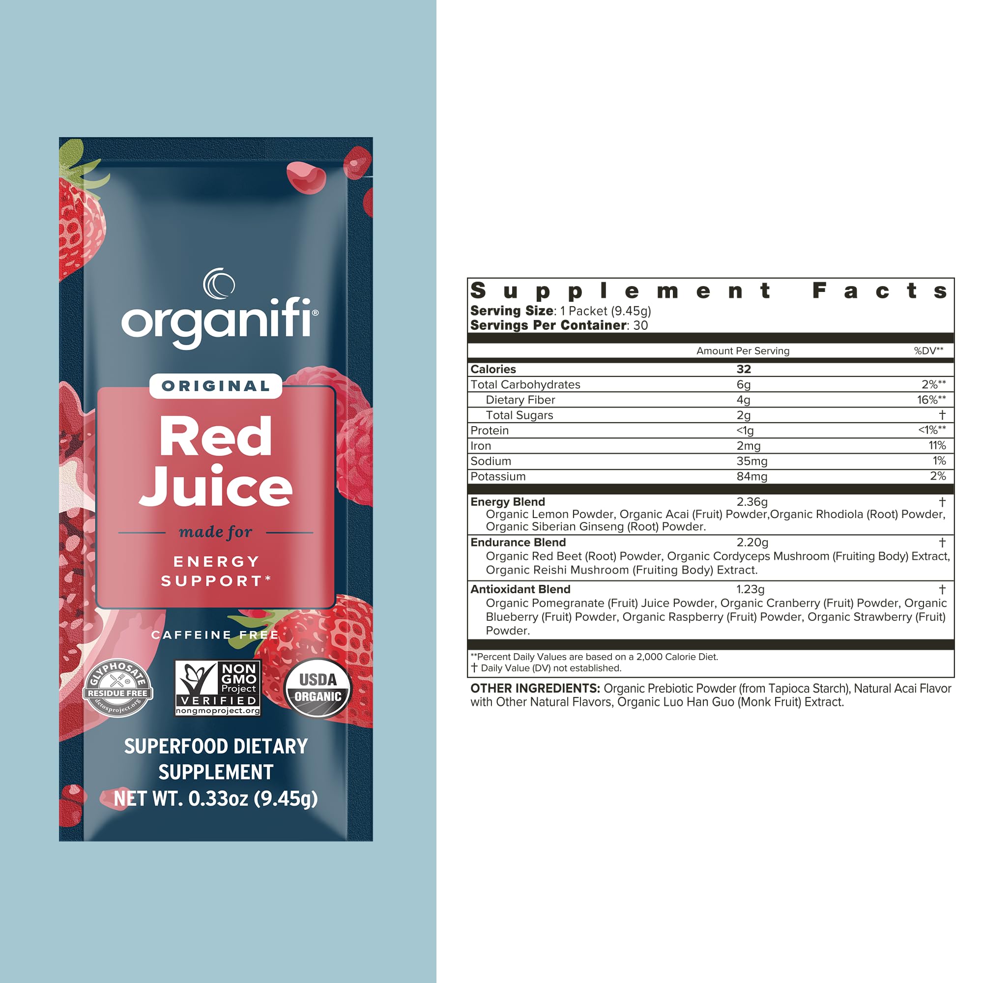 Organifi Red Juice being added to a smoothie for enhanced energy and focus