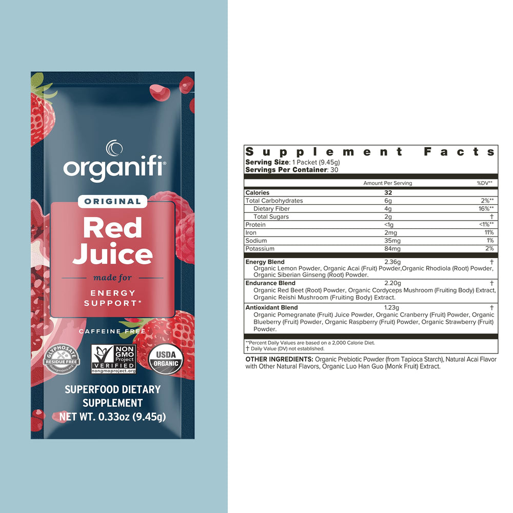 Organifi Red Juice being added to a smoothie for enhanced energy and focus