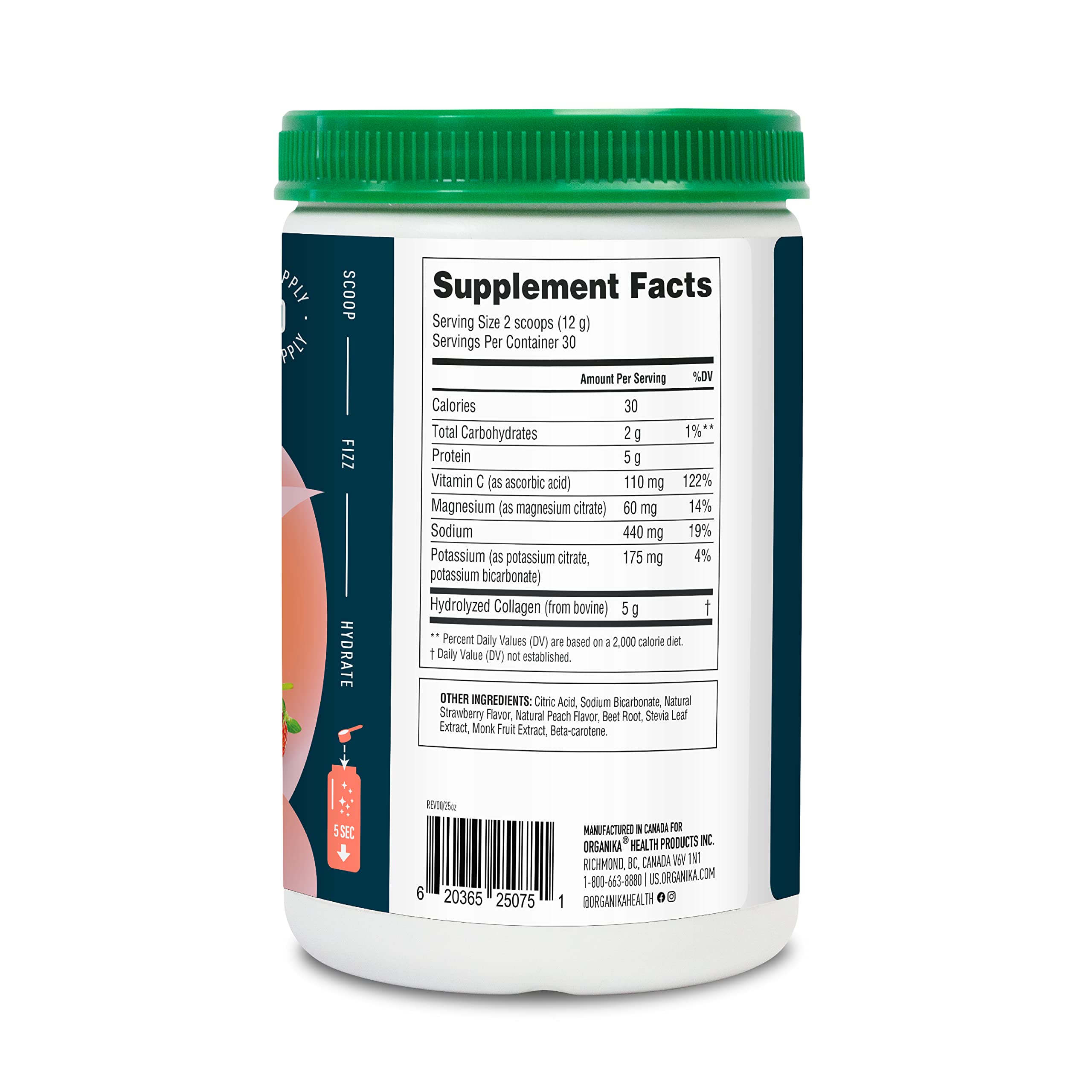 Close-up of Organika collagen powder tub highlighting premium safety and quality.