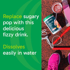 Effervescent Organika mix dissolving in water for a refreshing, sugar-free hydration option.