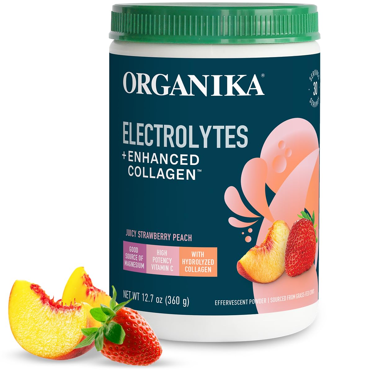 Organika Electrolytes Enhanced Collagen bottle beside a strawberry-peach drink for hydration.