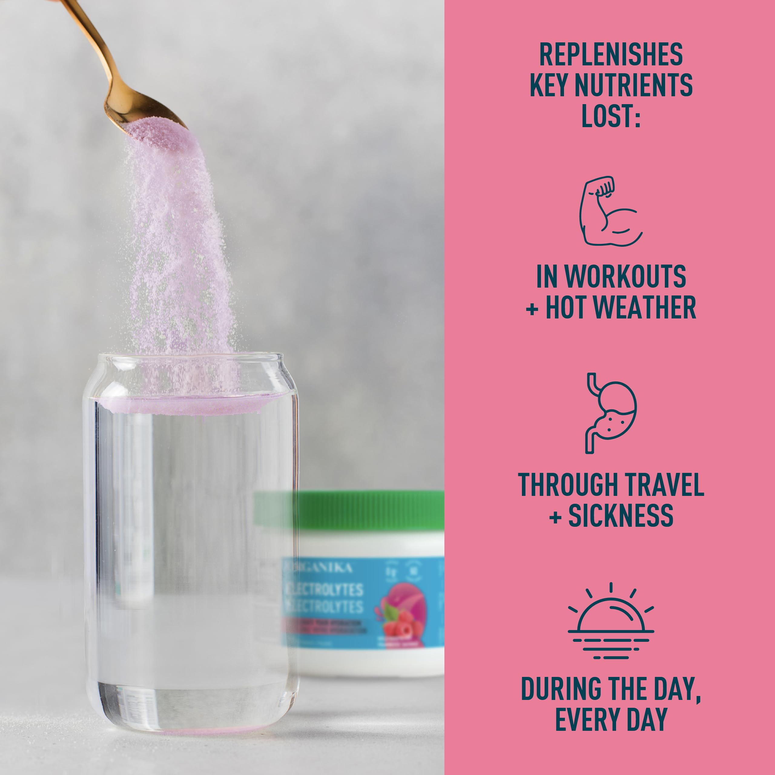 Organika Raspberry electrolyte bottle with dispenser for easy use during workouts