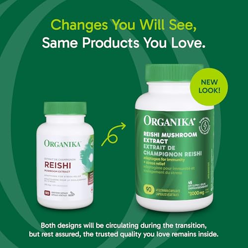 Organika Reishi capsules close-up showing 250 mg per capsule