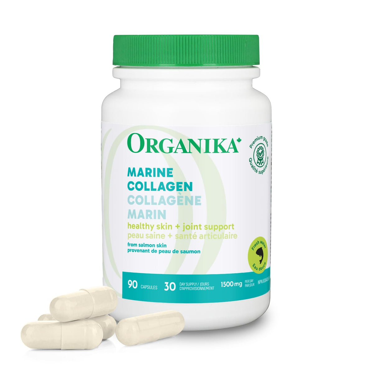 Organika Salmon Collagen bottle front highlighting marine origin for skin and joint care
