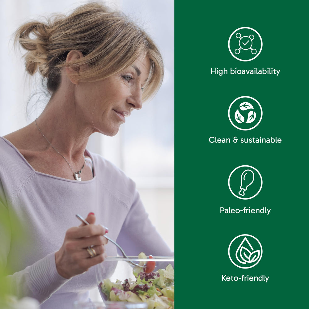 Organika Salmon Collagen capsules closeup shows convenient daily supplement