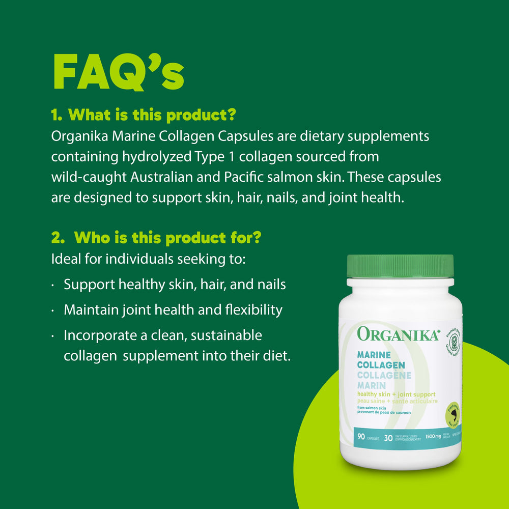 Organika Salmon Collagen packaging side view highlights sustainable sourcing