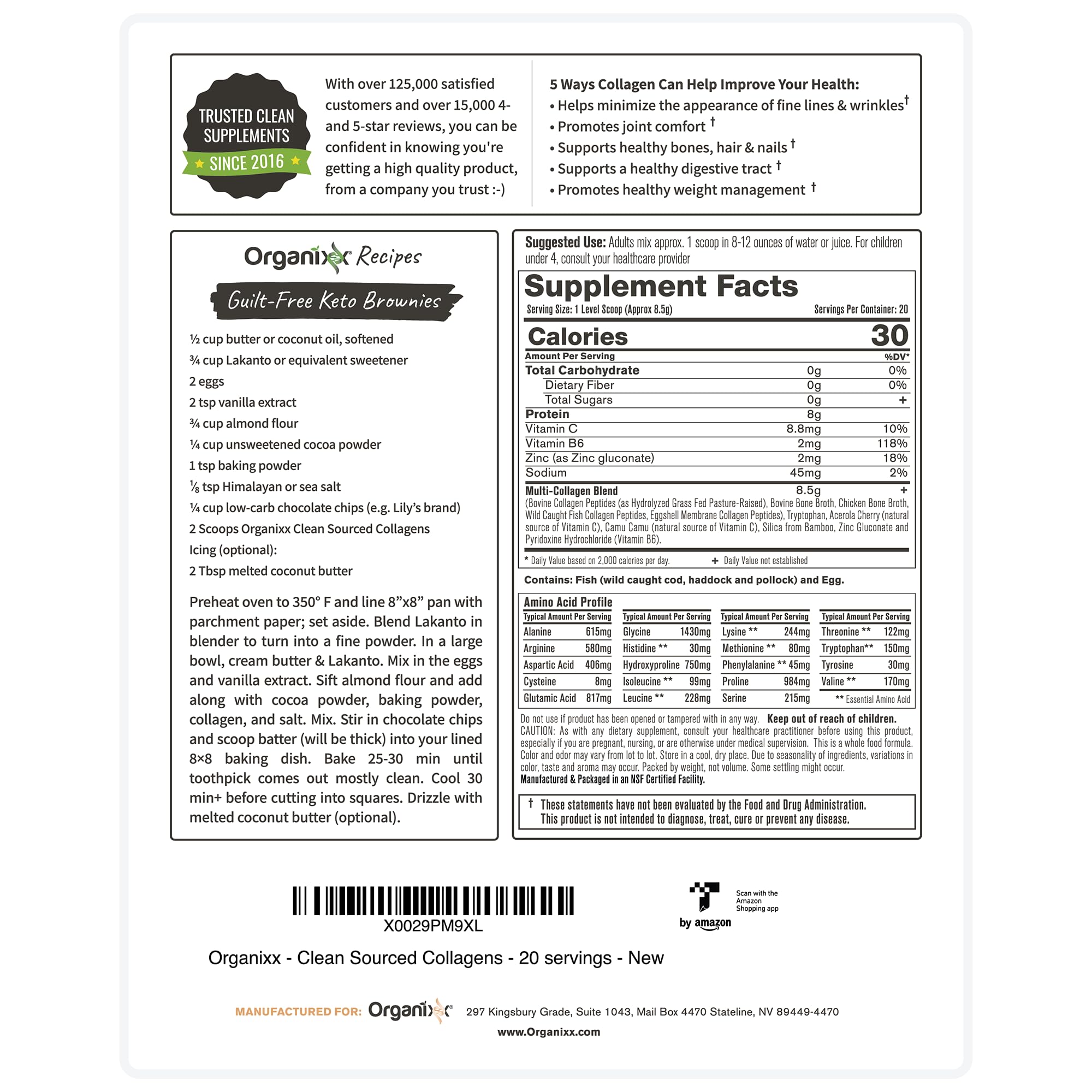 Nutrition facts label shows 8 g protein and zero sugar per serving.