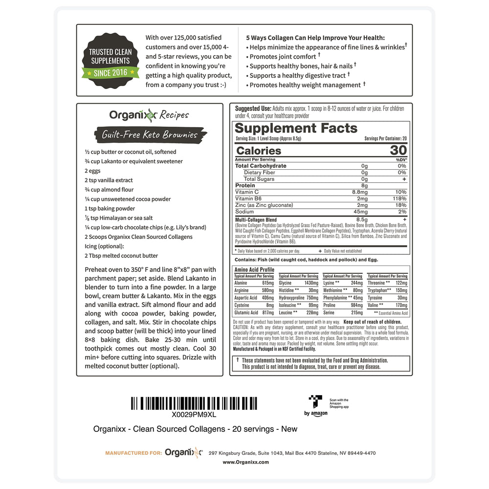 Nutrition facts label shows 8 g protein and zero sugar per serving.