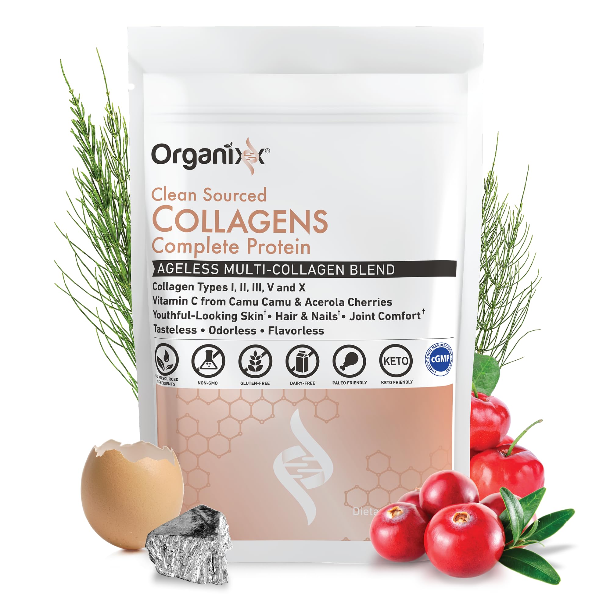 Scoop next to Organixx collagen powder signals easy mixing for beverages.