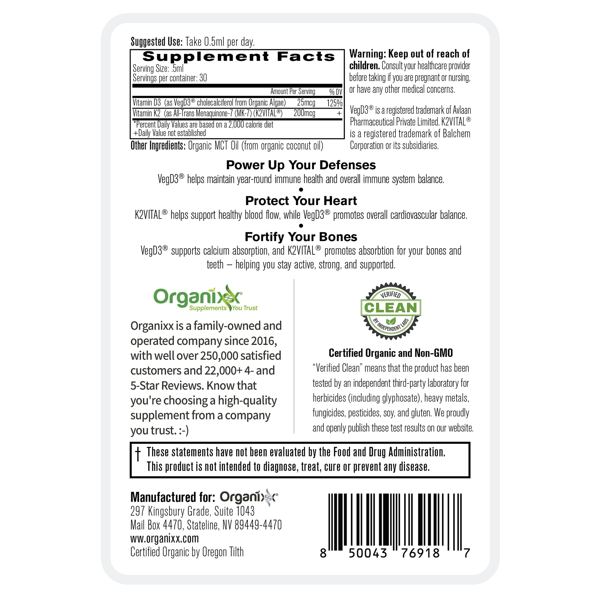 Organixx D3 K2 label detail shows plant-sourced D3 and stabilized K2 MK-7.