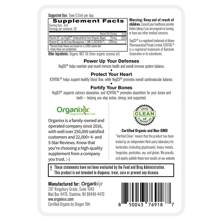 Organixx D3 K2 label detail shows plant-sourced D3 and stabilized K2 MK-7.