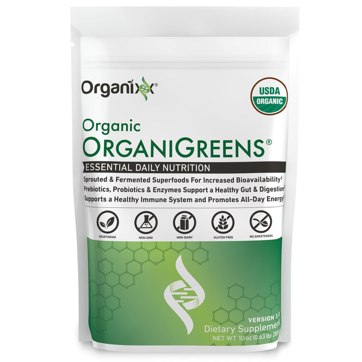Organixx Greens canister close-up highlights organic nutrients for daily energy support.