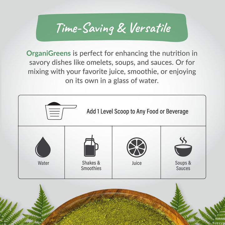Organixx Greens in a bowl with fruits suggests versatile daily greens.
